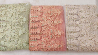 9 Yards Green Net Lace Trim Floral Embroidery and Gold Sequins, Floral Sari Border, Decorative Trim